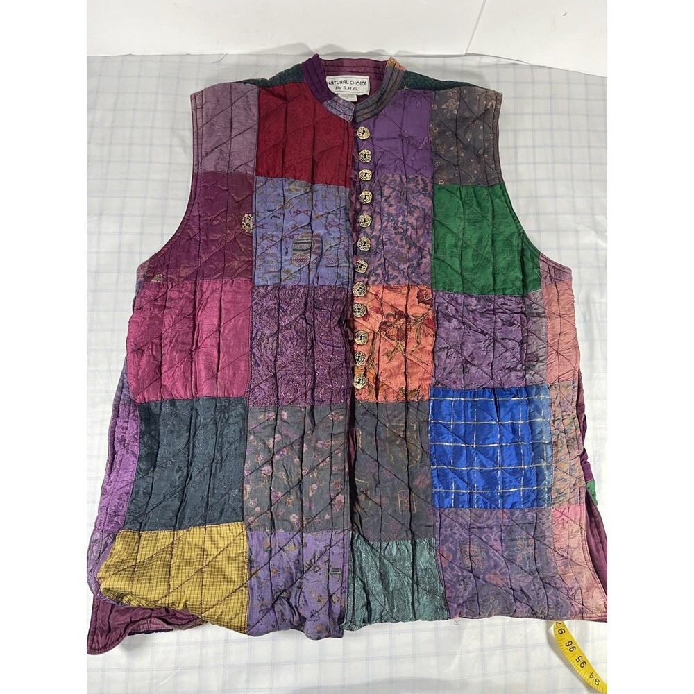 VTG Natural Choice by S.R.G. Quilted Patchwork Vest L Rayon Boho Gypsy India L - Picture 3 of 10